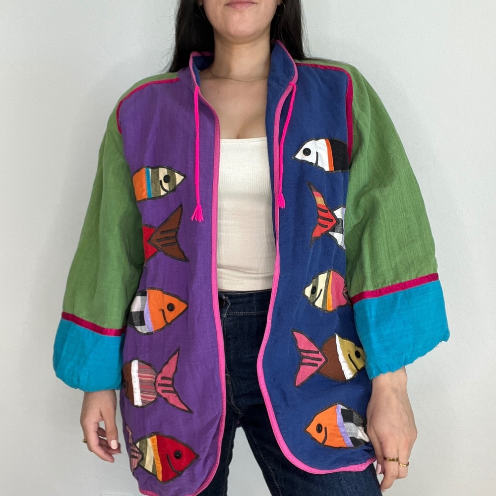 Victor Camarena Jacket Women OS Multicolor Fish Applique Colorblock Mexico Artsy